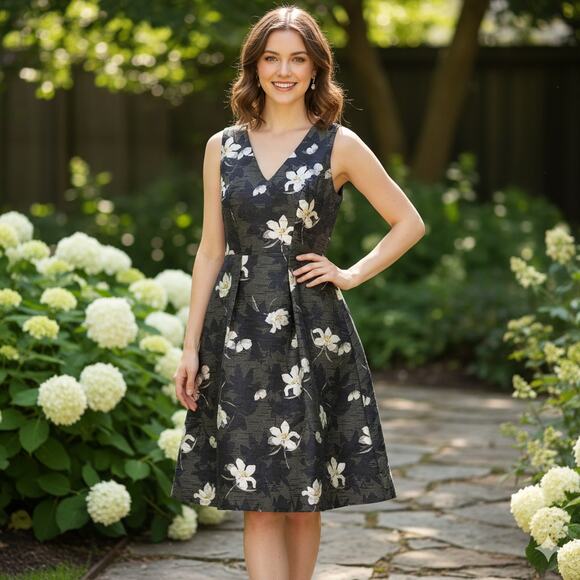 NWT Eva Franco Rovie Dress Sleeveless Floral Jacquard Fit Flare V-Neck Size 8 - Picture 1 of 16